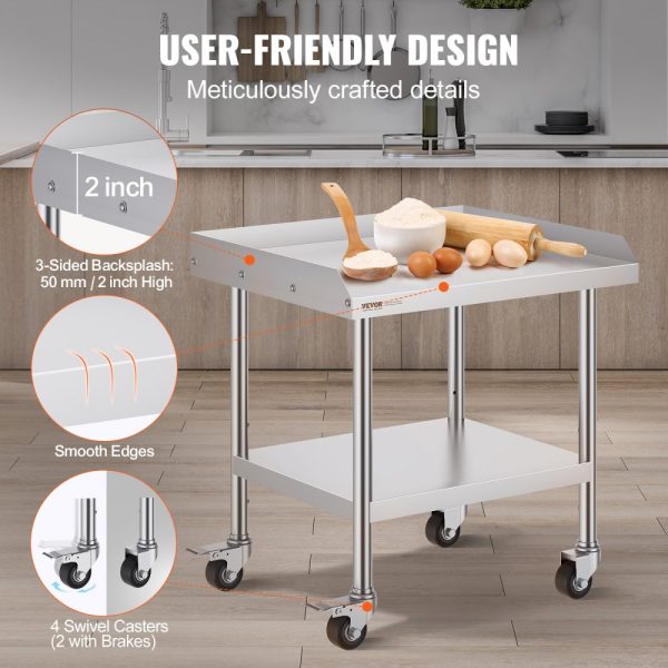 Stainless Steel Work Table 24x28x30 Heavy Duty Commercial Food Prep Table Featuring 4 Casters 3-Sided Backsplash for Restaurant Home Hotel - Image 4