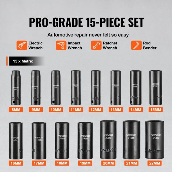 Impact Sockets Set 15pcs 6-Point 3/8in Drive Bit Ratchet Tool Kit Case - Image 3