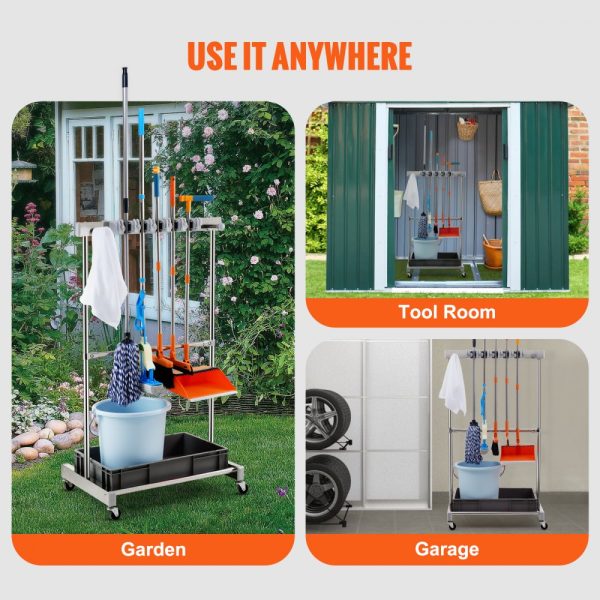 Garden Tool Rack with 10 Metal Hooks and Slots, Wheeled Design for Outdoor and Shed Storage, Holds Long-Handled Tools, Rakes, and Brooms - Image 6