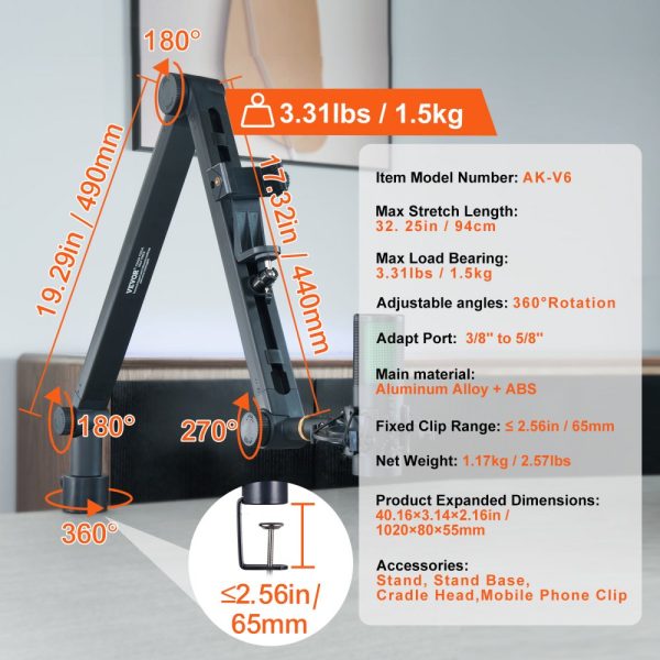 360 Degree Adjustable Microphone Boom Arm with Desk Mount, 3/8 to 5/8 Adapter Port - Image 7