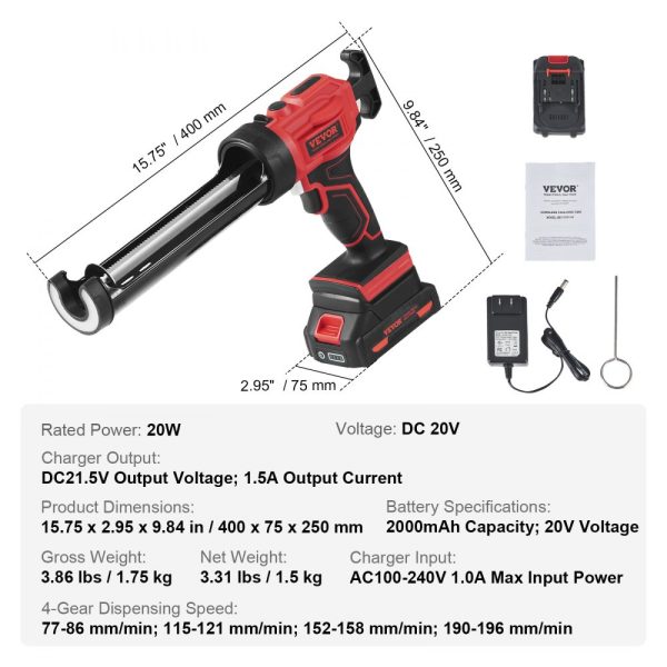 Wireless Caulking Gun 10oz/300ml 20V Electric with 4-Speed Adjustable Anti-Drip LED Light Fast Charger 2.0AH Battery for Filling Sealing - Image 7