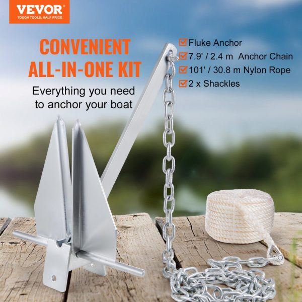 Marine Anchor Kit with 13lbs Galvanized Steel Anchor 7.9ft Chain 101ft Rope 2x0.4 Shackles for Small Vessels Under 30ft - Image 2