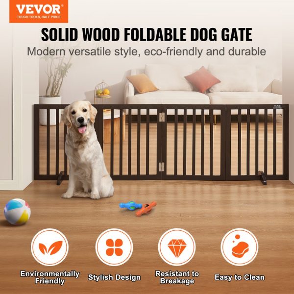 Free-Standing Dog Gate 24 H x 80.3 W 4 Panel Foldable Pet Barrier for Wide & Narrow Passageways with Silent Support Indoor Brown - Image 2