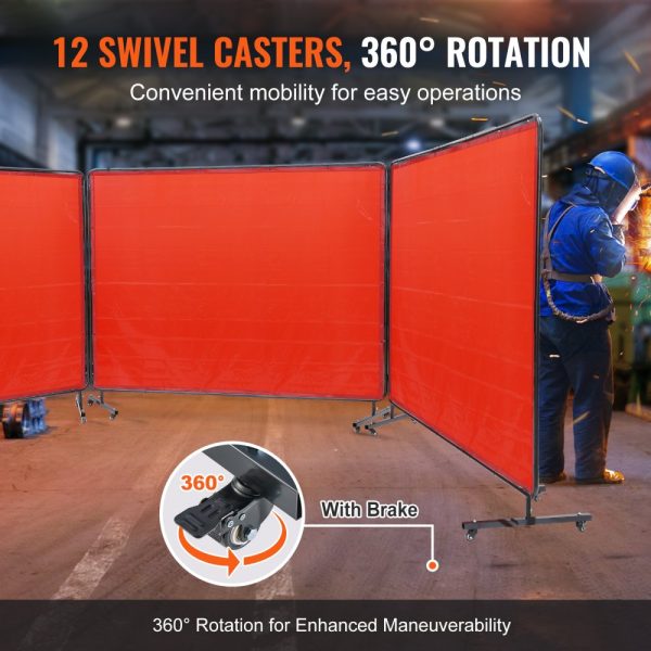 Welding Screen with Frame 6x8 3 Panel Flame-Resistant Vinyl 12 Swivel Wheels 6 Lockable Movable Professional Workshop Red - Image 3