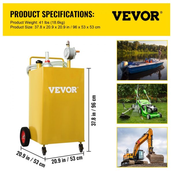 30 Gallon Fuel Storage Tank with 4 Wheel Mobile Design and Manual Transfer Pump for Cars Lawn Mowers ATVs Boats & More Yellow - Image 7