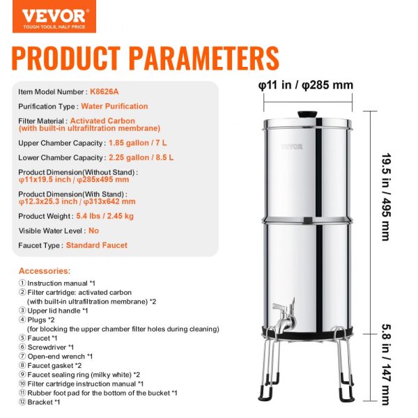 2.25G Gravity-fed Water Filter Countertop System Stainless Steel 2 Filters - Image 7